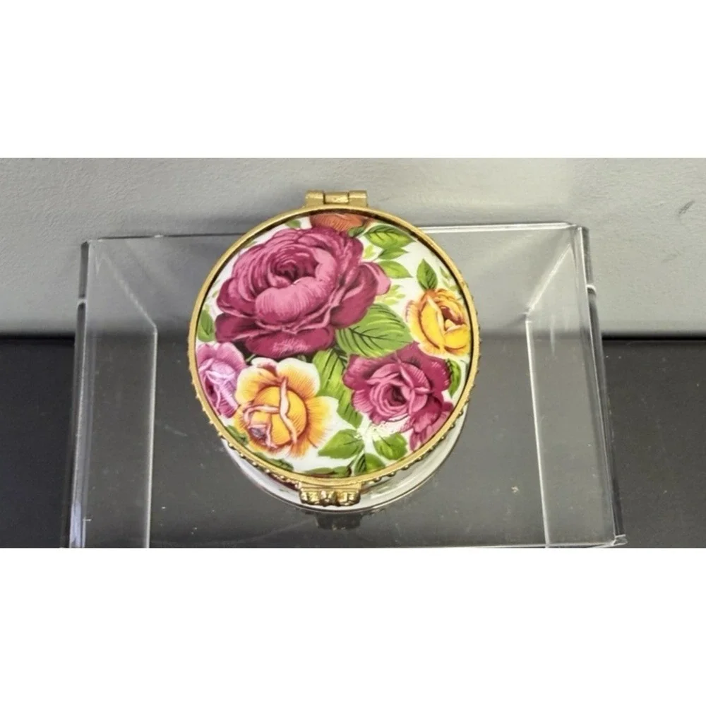 Floral Motif Gold Hinged Trinket Box Fenton Bone China Peony‎ Rose Country Decor